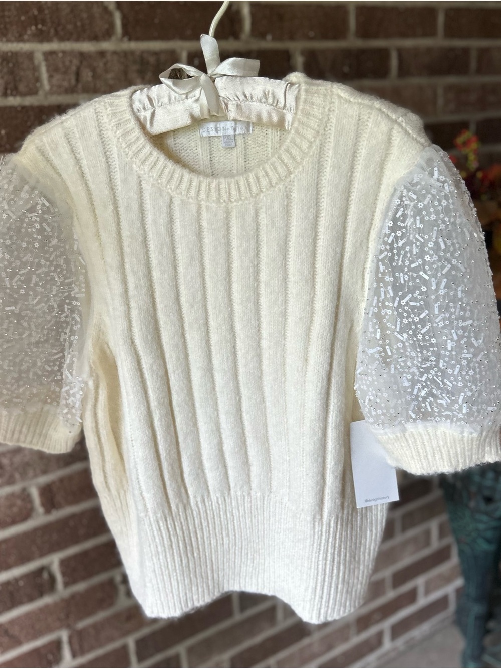 Design History Cream Ribbed Knit Sweater with Beaded Sheer Puff Sleeves